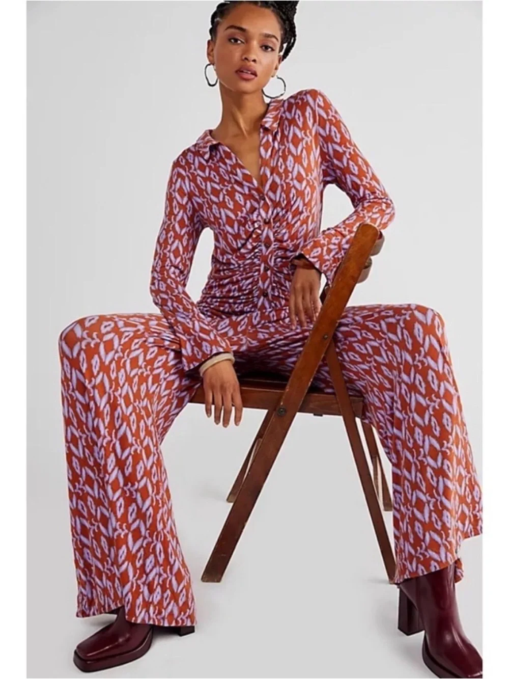 Free People Shayla Purple Orange Retro Jumpsuit Wide Leg Size Medium